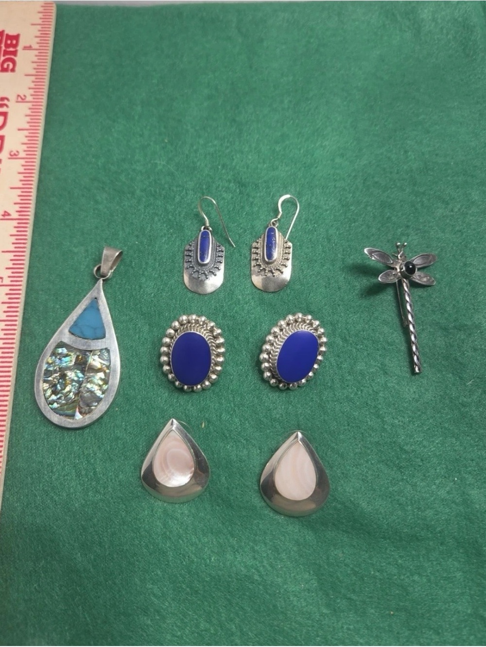 Sterling Silver Blue Teardrop and Oval Stone Earrings, Dragon Fly Brooch